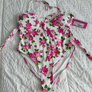 Betsey Johnson White One-Piece Swimsuit with Pink Rose Print